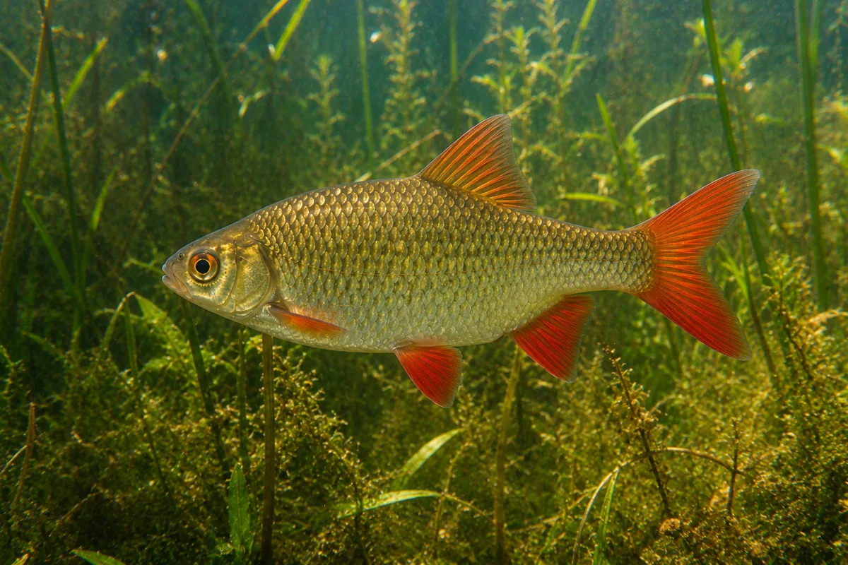 Rotengle adulte nageant dans un étang avec nageoires rouges bien visibles