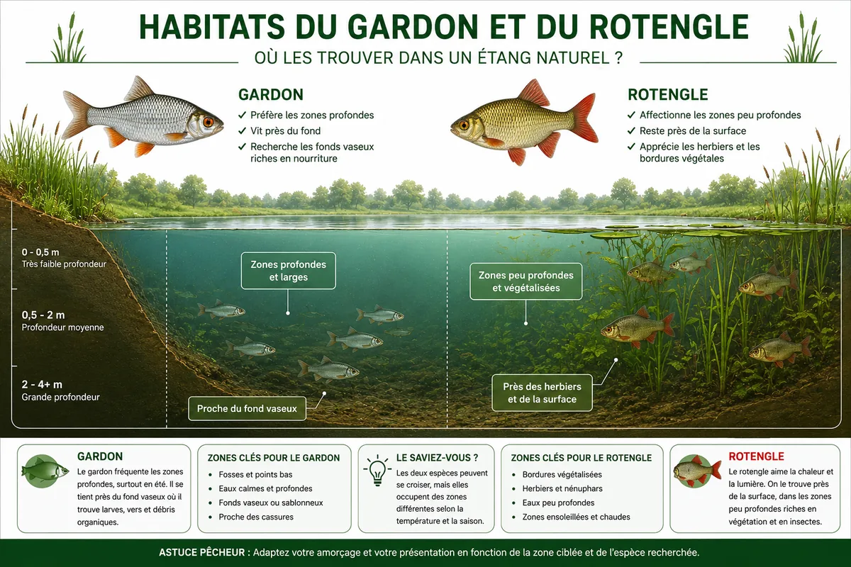 Infographie montrant les habitats préférés du gardon et du rotengle