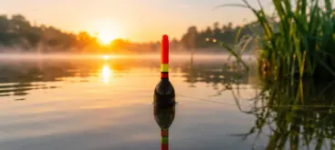 Flotteur de pêche au coup rouge et jaune parfaitement équilibré sur une eau calme au lever du soleil