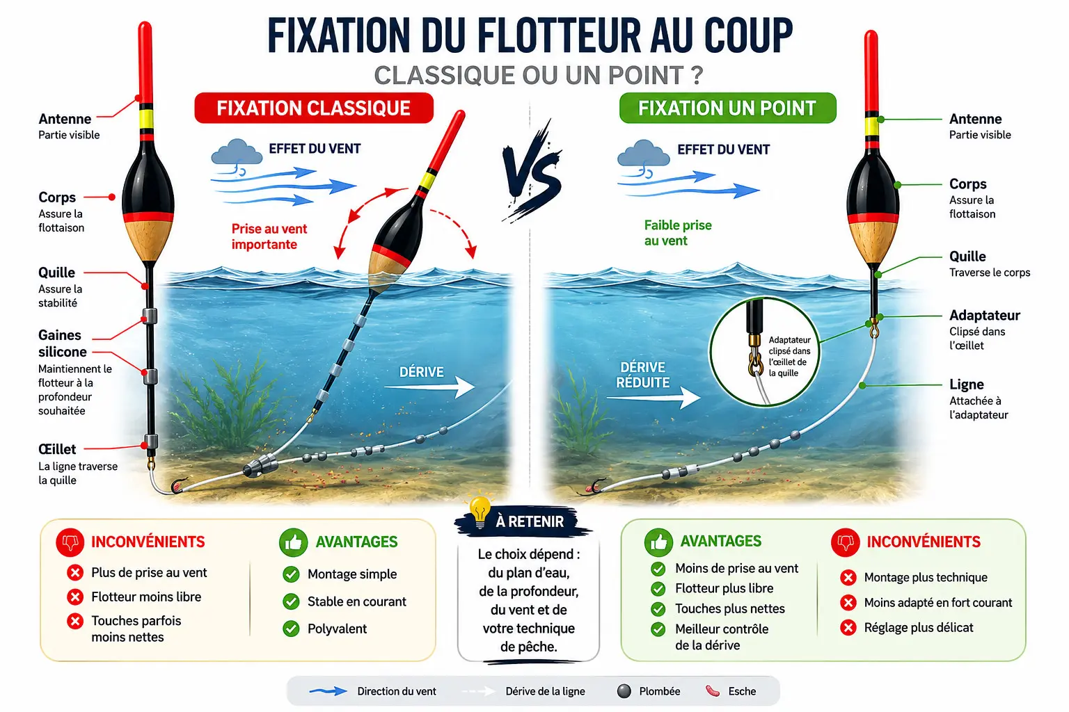 Comparaison entre un flotteur monté en fixation classique et un flotteur monté en fixation un point