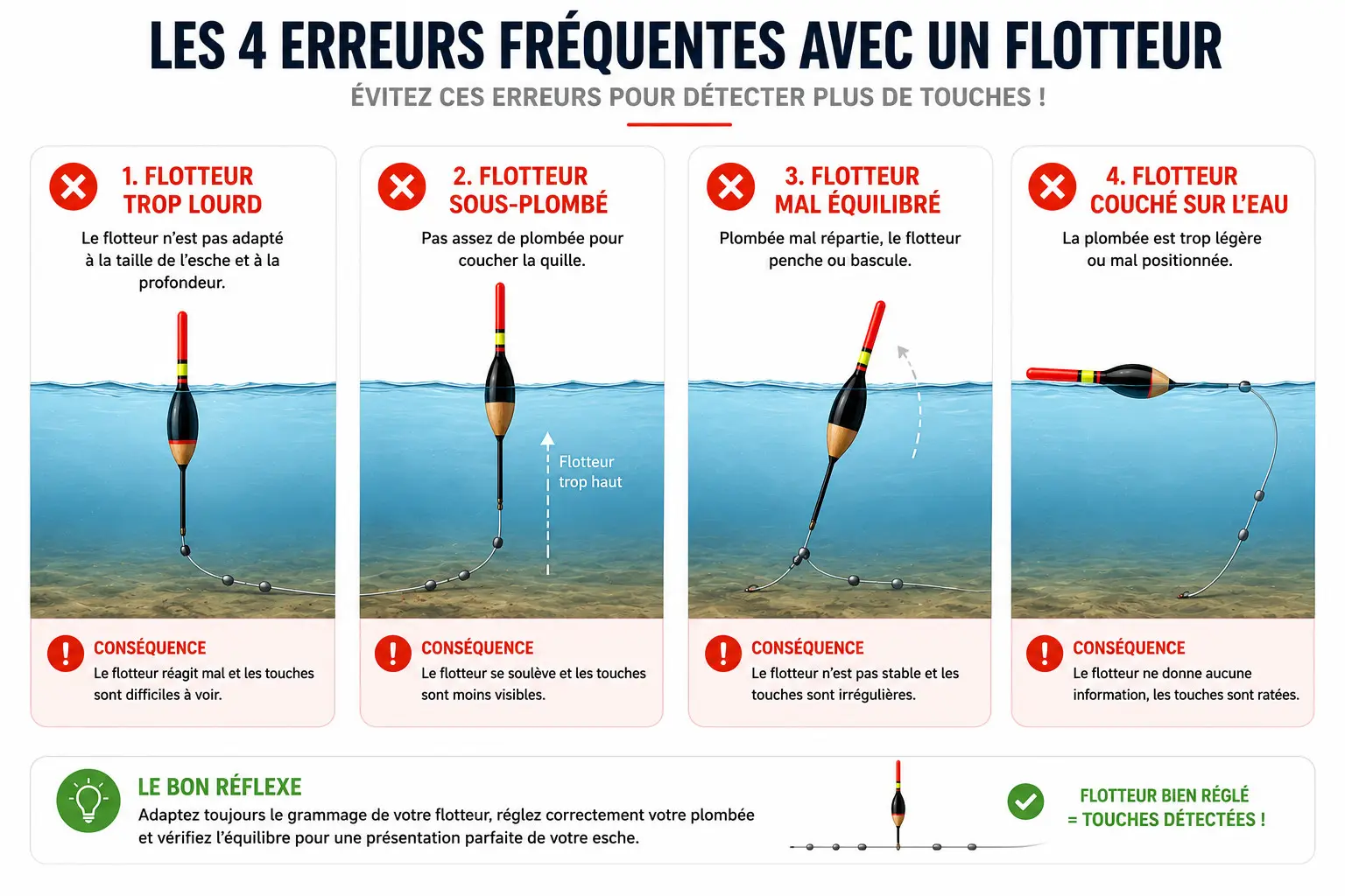 Illustration présentant les erreurs fréquentes avec un flotteur de pêche : flotteur trop lourd, sous-plombé ou mal équilibré