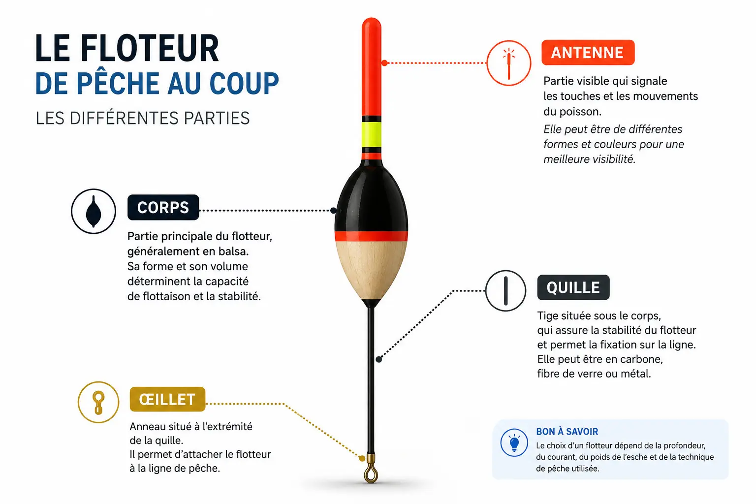 Schéma présentant les différentes parties d'un flotteur de pêche au coup : antenne, corps, quille et œillet