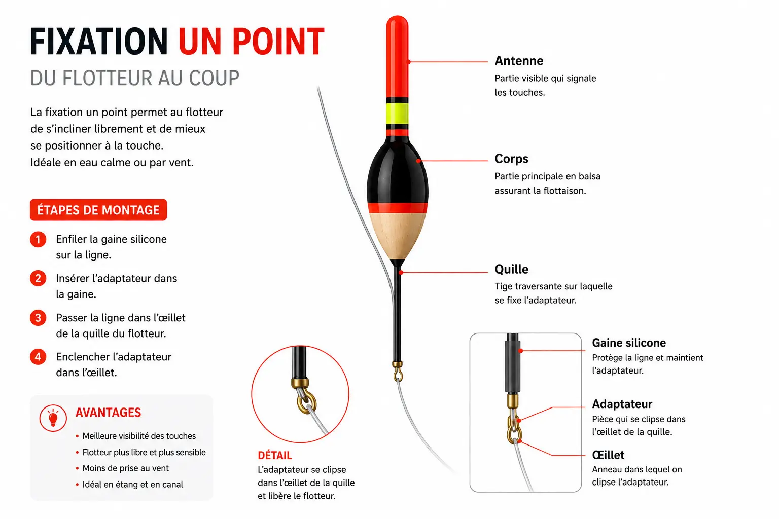 Montage d'un flotteur de pêche fixé par un seul point à l'aide d'un adaptateur et d'une gaine silicone - Crédit photo Billouttes.com