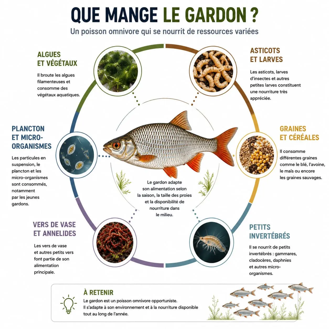 Illustration présentant les principaux aliments consommés par le gardon