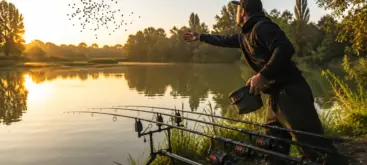 Pêcheur réalisant un amorçage initial pour la pêche de la carpe en étang naturel