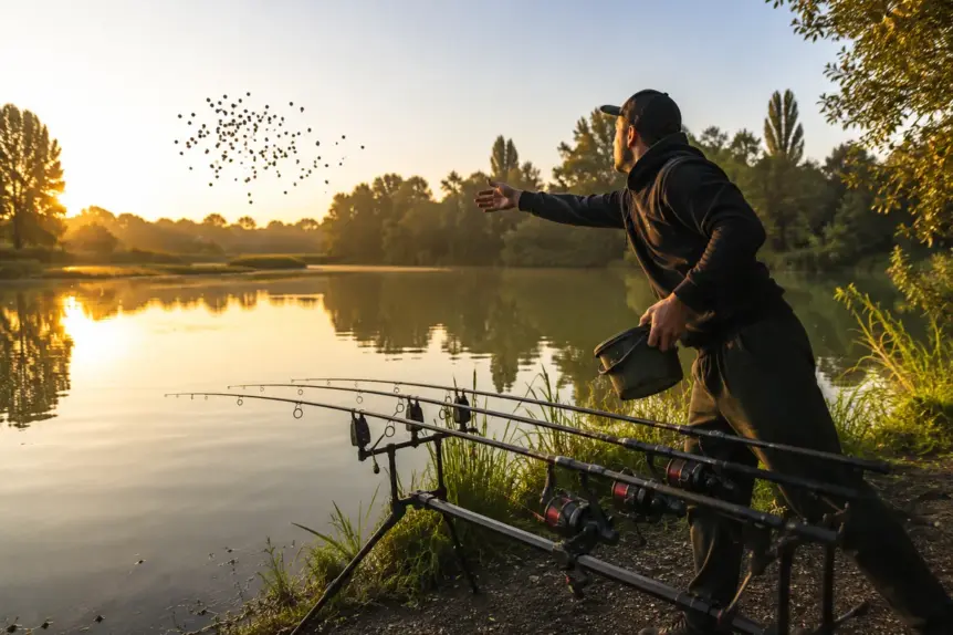 Pêcheur réalisant un amorçage initial pour la pêche de la carpe en étang naturel