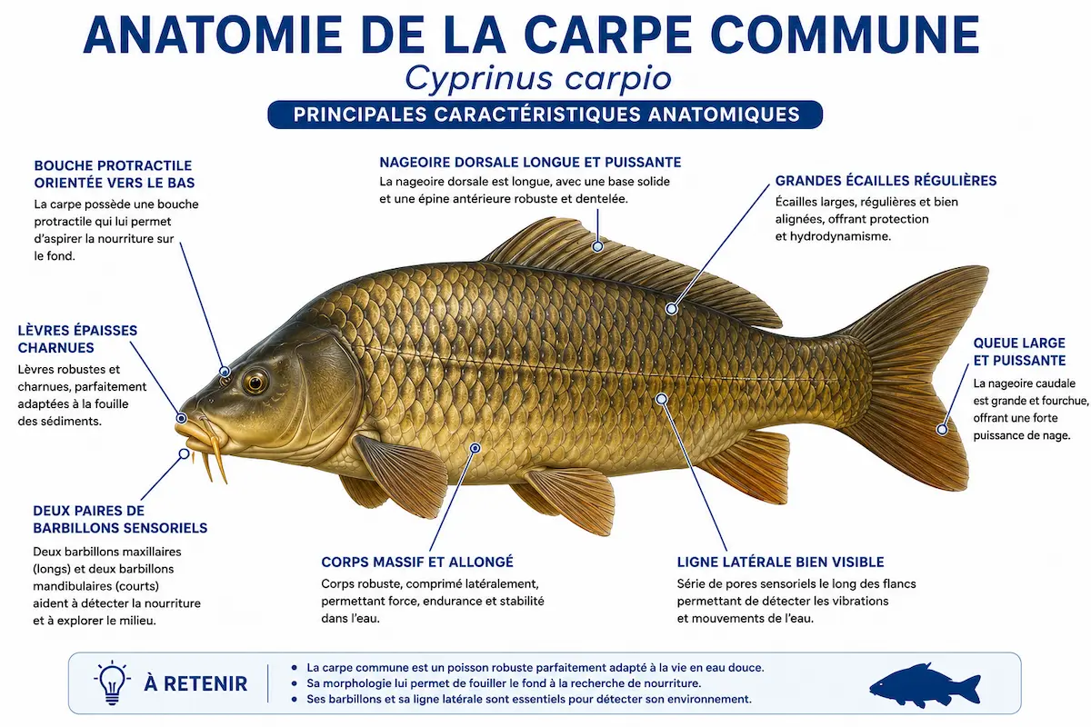 Anatomie détaillée de la carpe commune avec les principales parties du corps identifiées