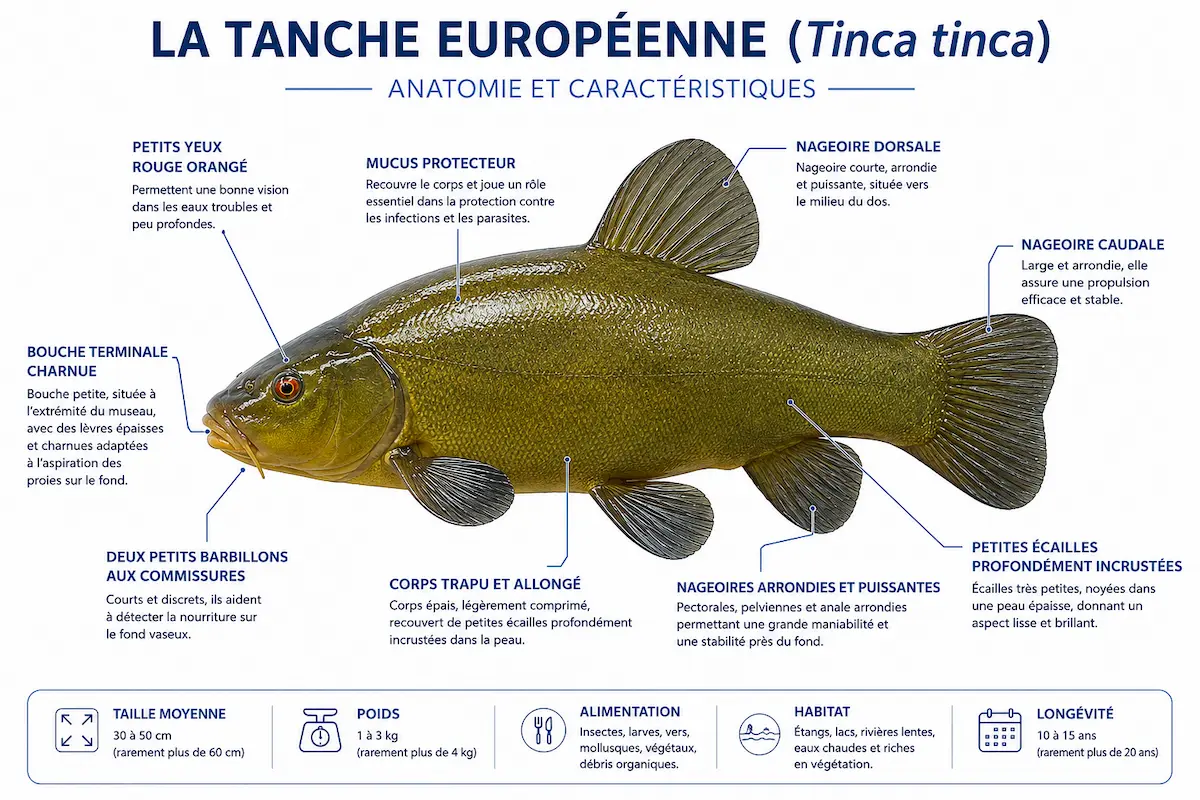 Schéma anatomique détaillé de la tanche européenne avec ses principales caractéristiques physiques