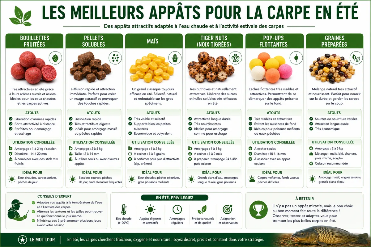 Infographie comparative des appâts efficaces pour pêcher la carpe en été
