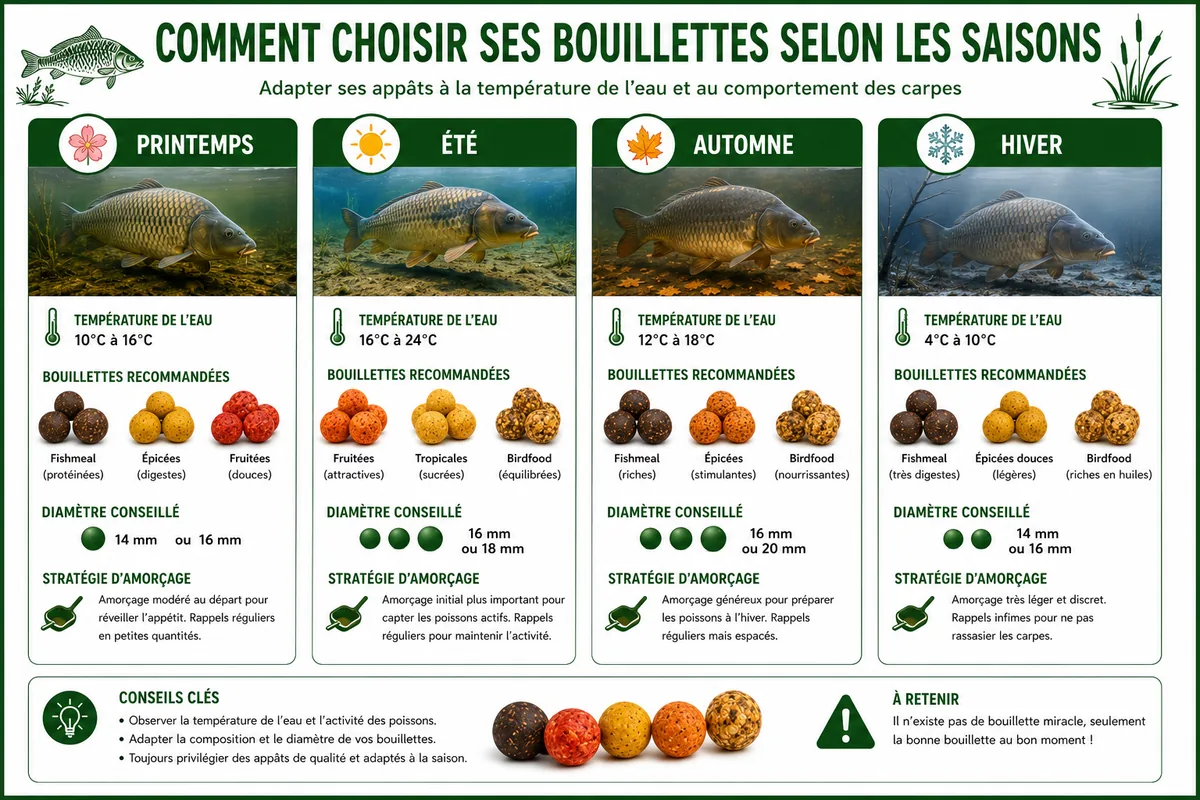 Infographie expliquant quelles bouillettes choisir selon les saisons