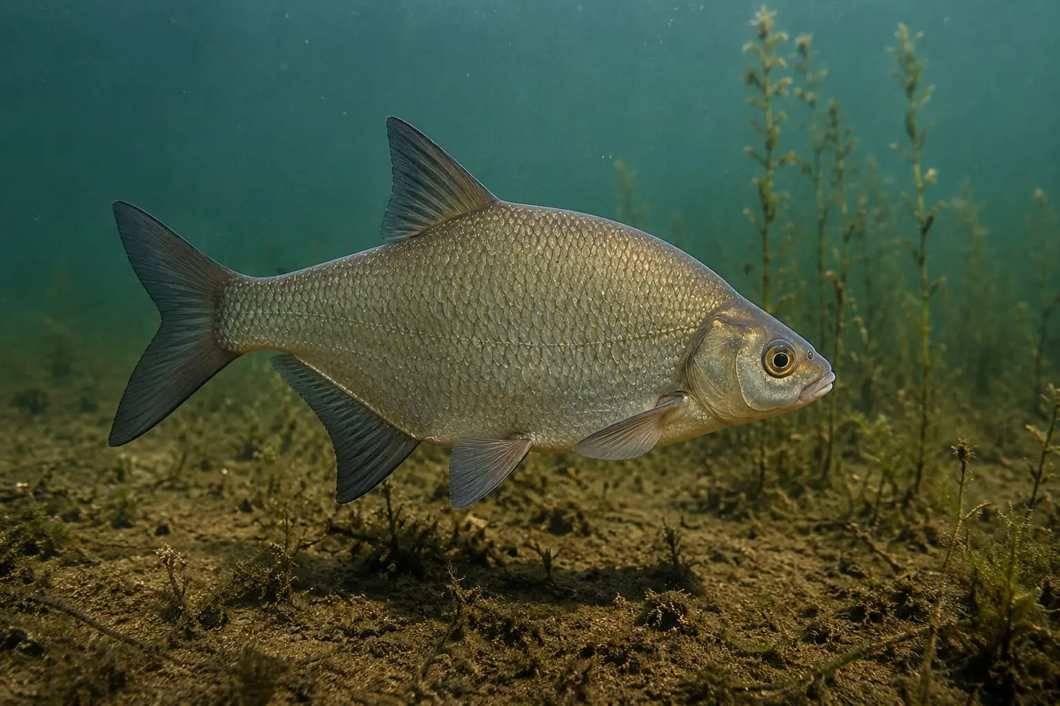 Brème commune nageant au-dessus d'un fond vaseux dans un étang ou un lac d'eau douce.