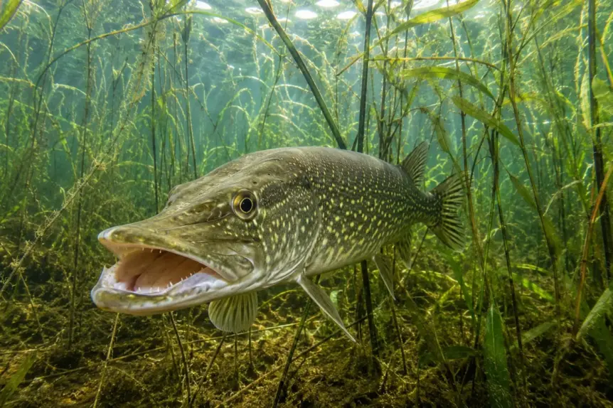 Brochet commun reconnaissable à sa forme et machoire caractéristique.