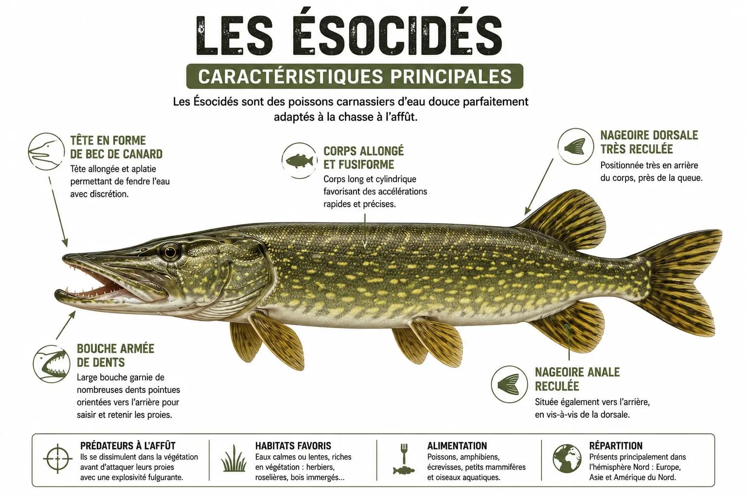Caractéristiques anatomiques d'un Ésocidé représentées sur un brochet.