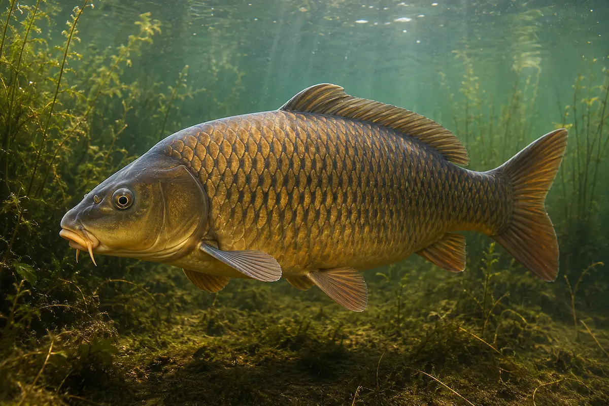 Carpe commune nageant dans un étang naturel riche en végétation aquatique