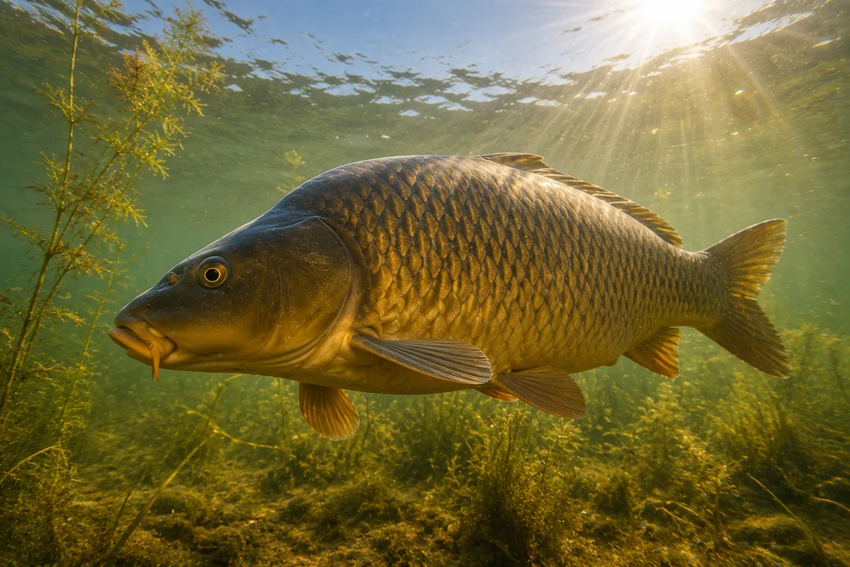 Grande carpe commune nageant dans un étang en été près d’herbiers aquatiques