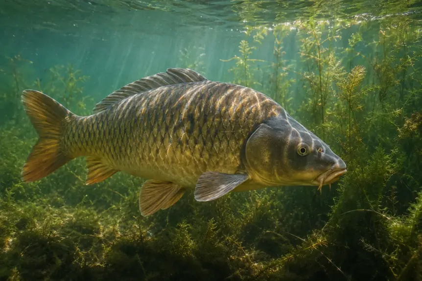 Grande carpe commune nageant dans un étang naturel du sud de la France