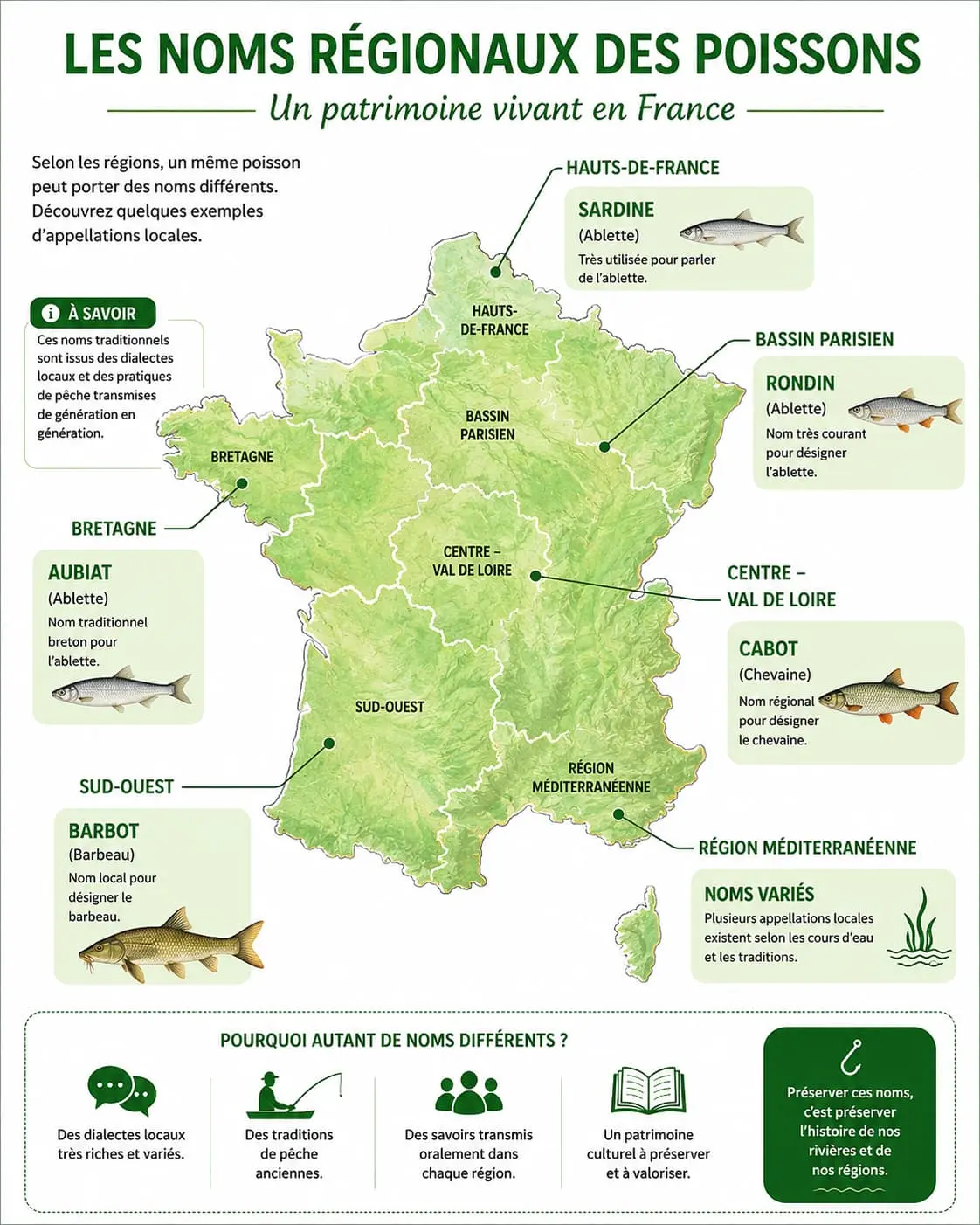 Carte de France des noms régionaux utilisés pour désigner certains poissons