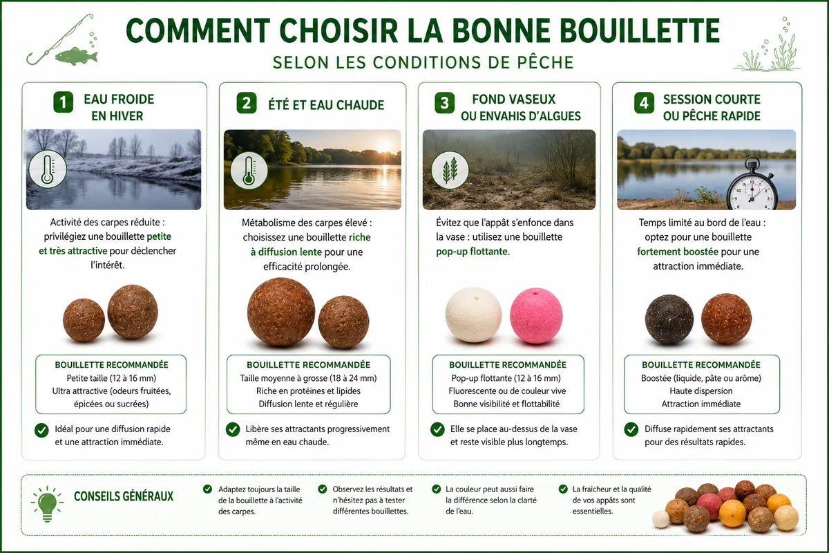 Infographie expliquant comment choisir la bonne bouillette selon les conditions de pêche