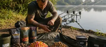 Pêcheur préparant différents types de bouillettes pour la pêche de la carpe