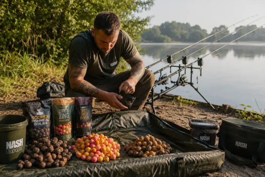Pêcheur préparant différents types de bouillettes pour la pêche de la carpe