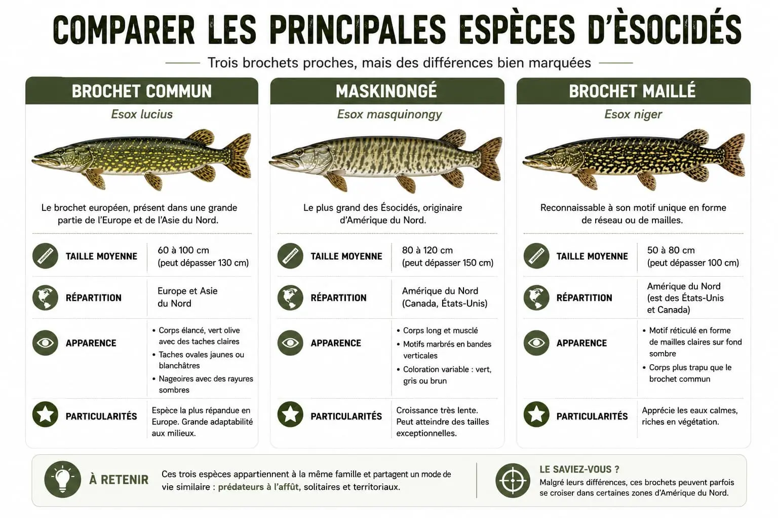 Comparaison visuelle entre brochet commun, maskinongé et brochet maillé,