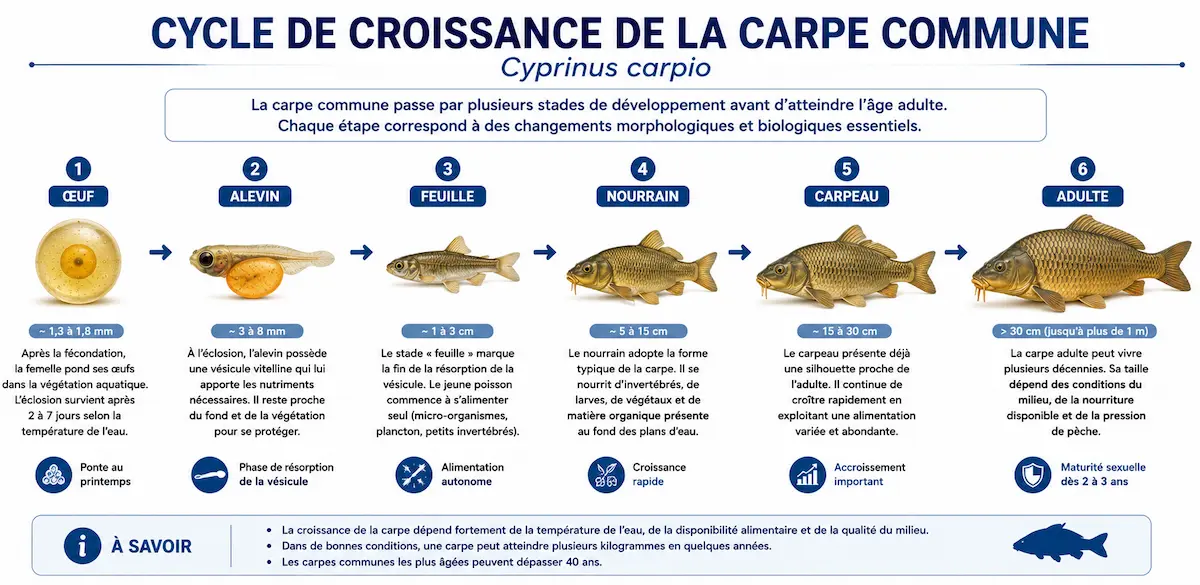 Cycle complet de développement de la carpe commune du stade œuf au stade adulte