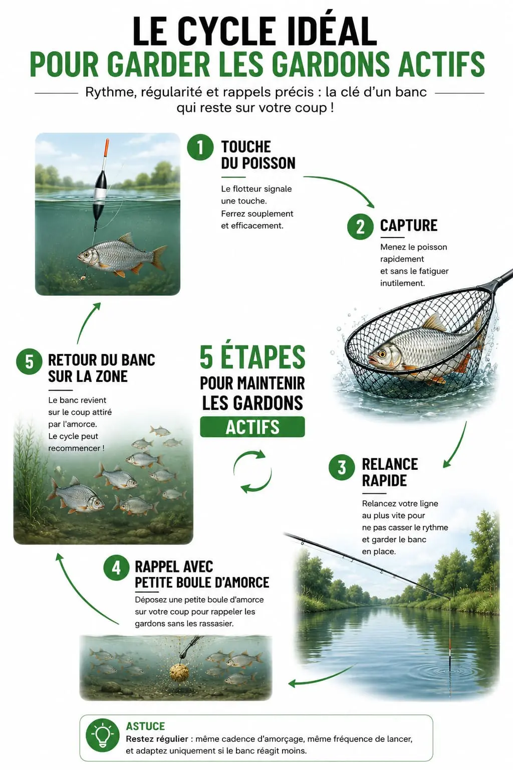 Cycle complet permettant de maintenir un banc de gardons actif pendant la pêche au coup