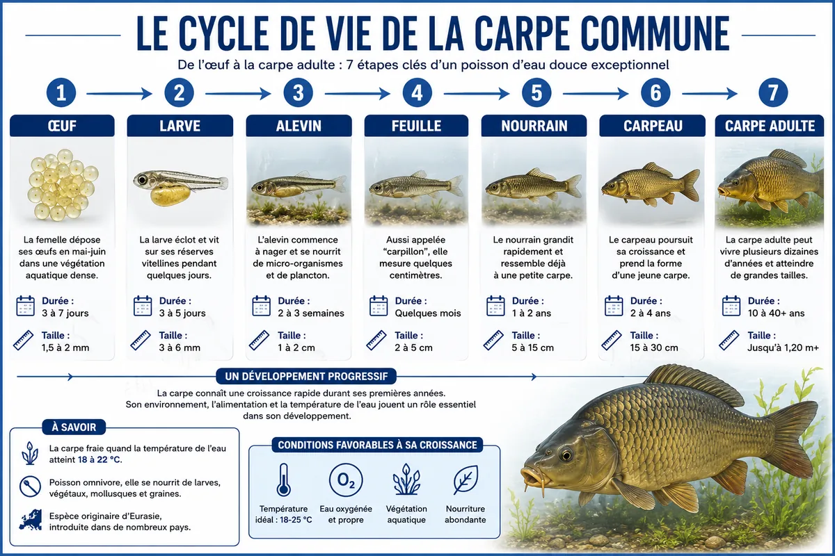 Cycle complet de développement biologique de la carpe commune