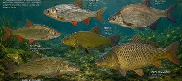 Illustration présentant plusieurs cyprinidés d'eau douce européens : gardon, brème, tanche, barbeau et carpe