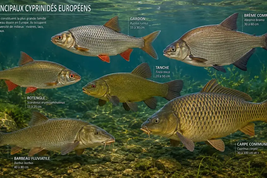Illustration présentant plusieurs cyprinidés d'eau douce européens : gardon, brème, tanche, barbeau et carpe