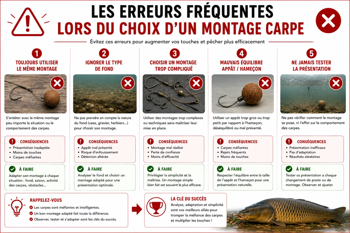 Infographie présentant les erreurs fréquentes commises lors du choix d un montage carpe