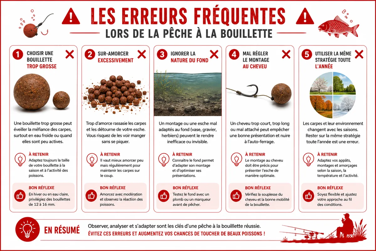 Infographie montrant les erreurs fréquentes lors de la pêche à la bouillette