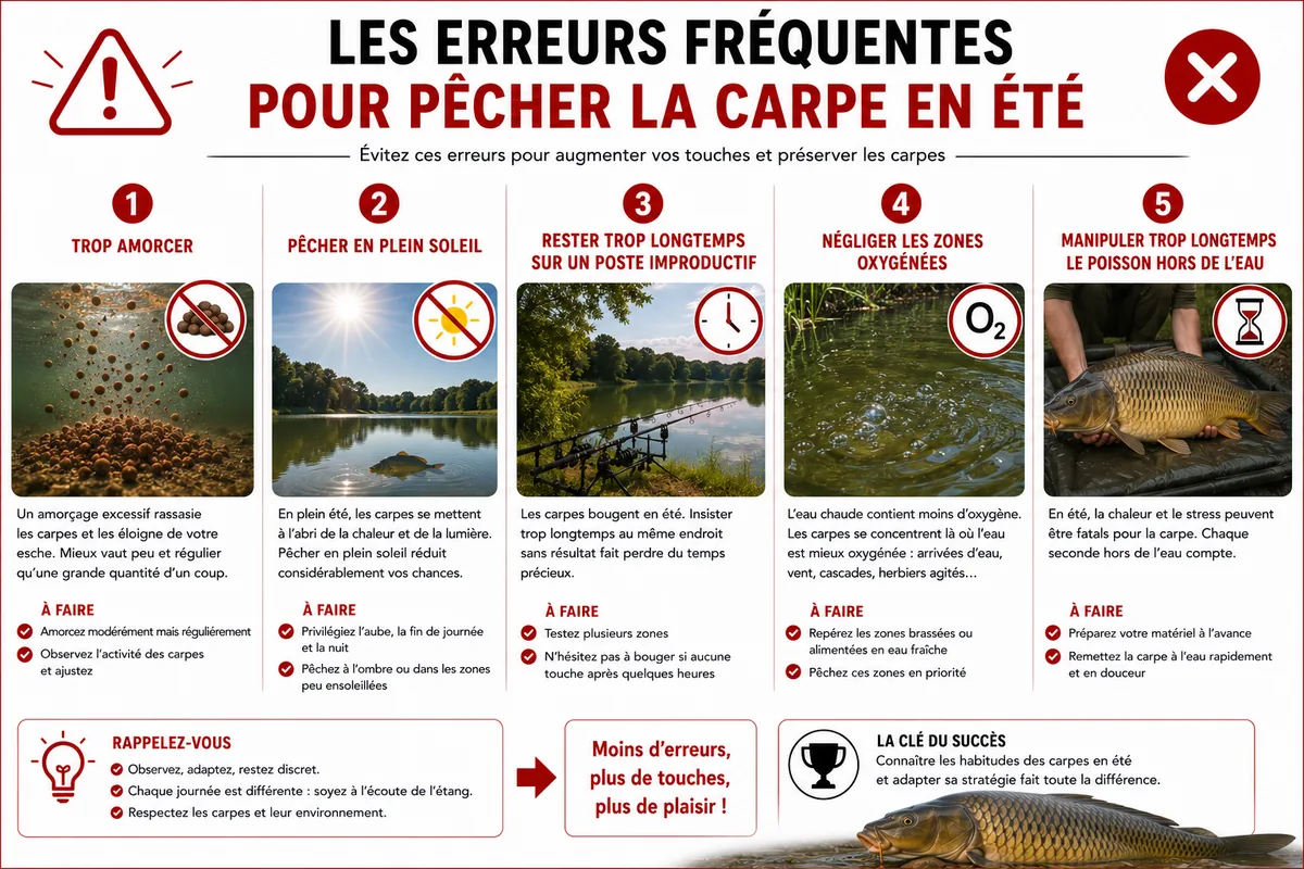 Infographie présentant les erreurs les plus fréquentes lors de la pêche de la carpe en été