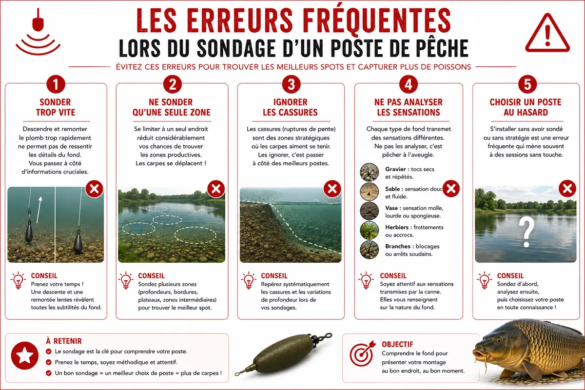 Infographie présentant les erreurs les plus fréquentes lors du sondage d un poste de pêche