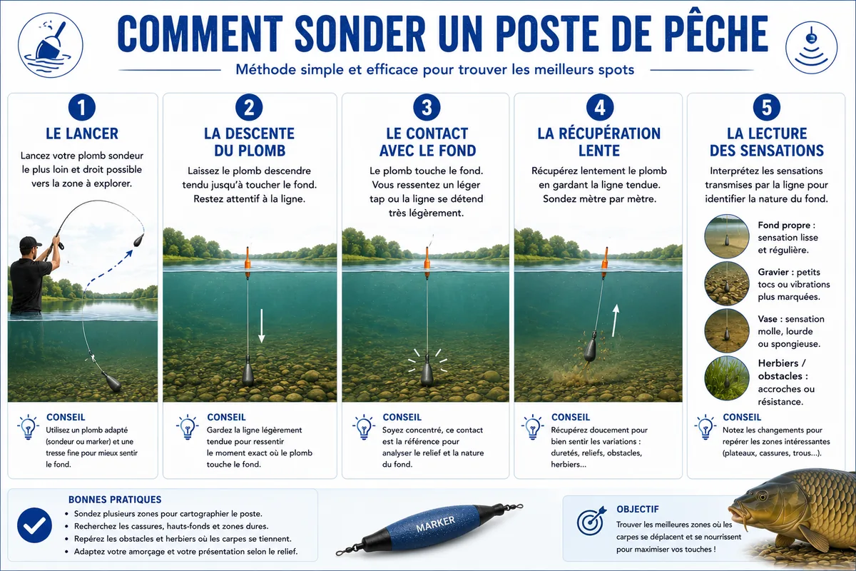 Infographie expliquant les différentes étapes nécessaires pour sonder correctement un poste de pêche
