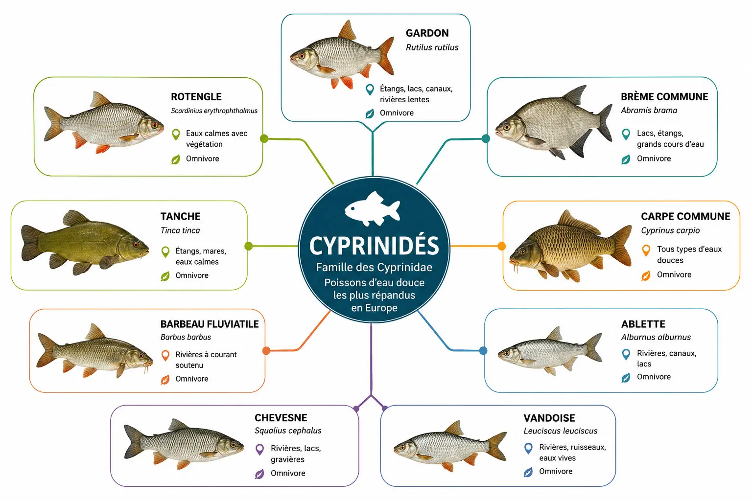 Infographie présentant les principales espèces de cyprinidés recherchées par les pêcheurs européens