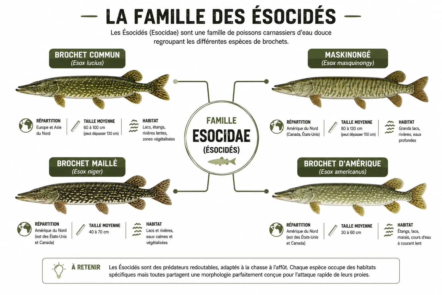 Arbre simplifié des principales espèces de la famille des Ésocidés.
