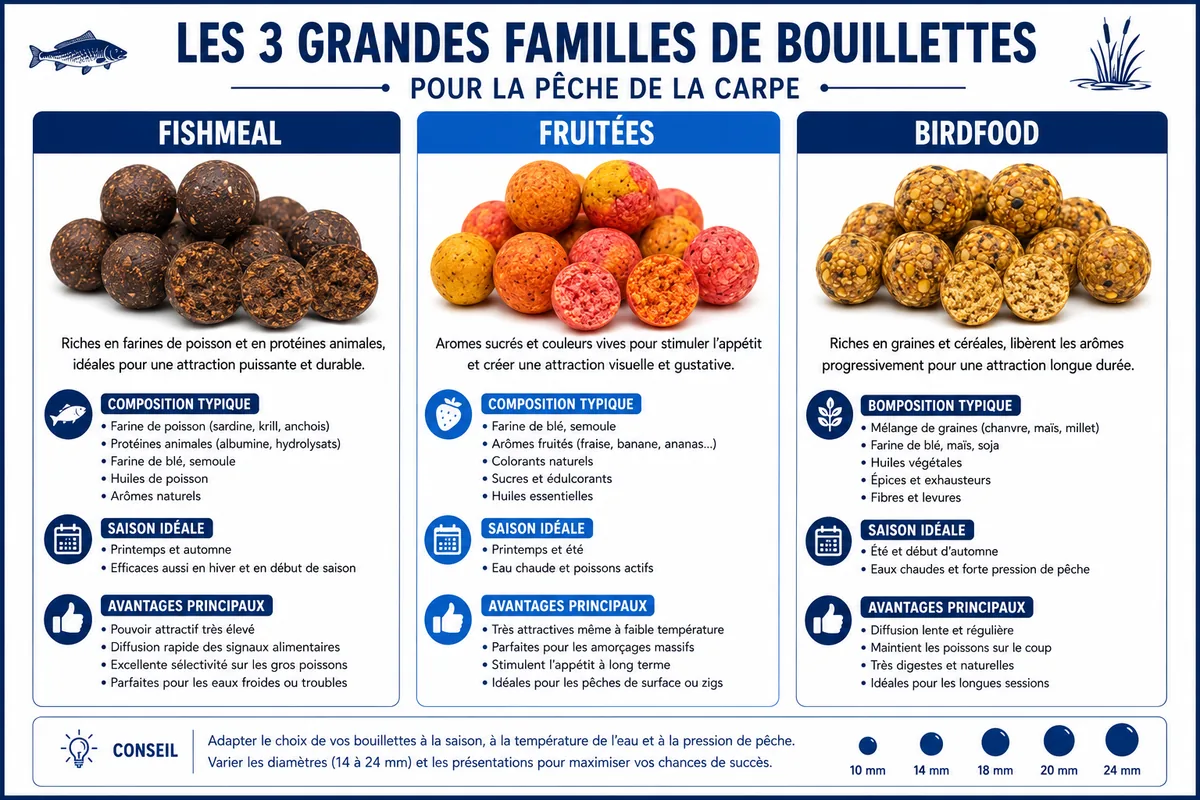 Infographie présentant les grandes familles de bouillettes pour la pêche de la carpe