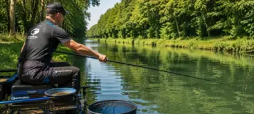 Pêcheur au coup maintenant un banc de gardons actif lors d’une session en canal