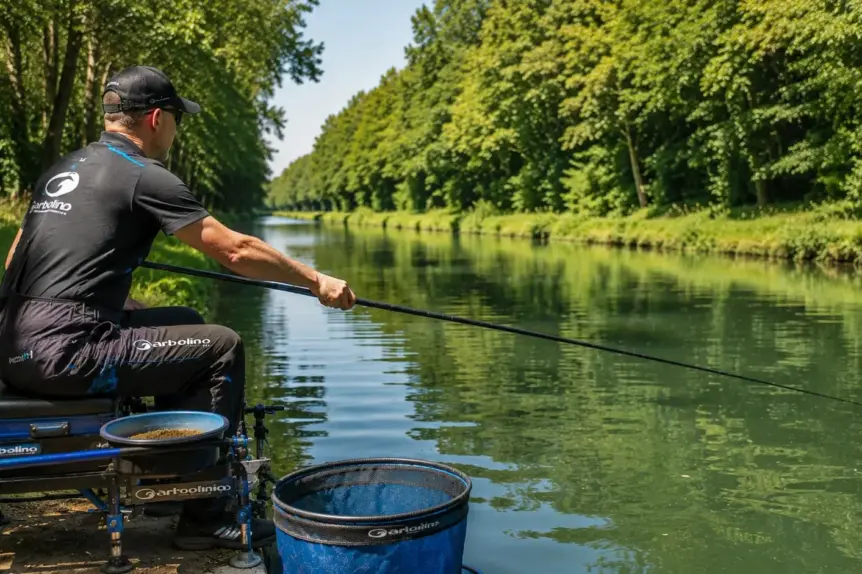 Pêcheur au coup maintenant un banc de gardons actif lors d’une session en canal