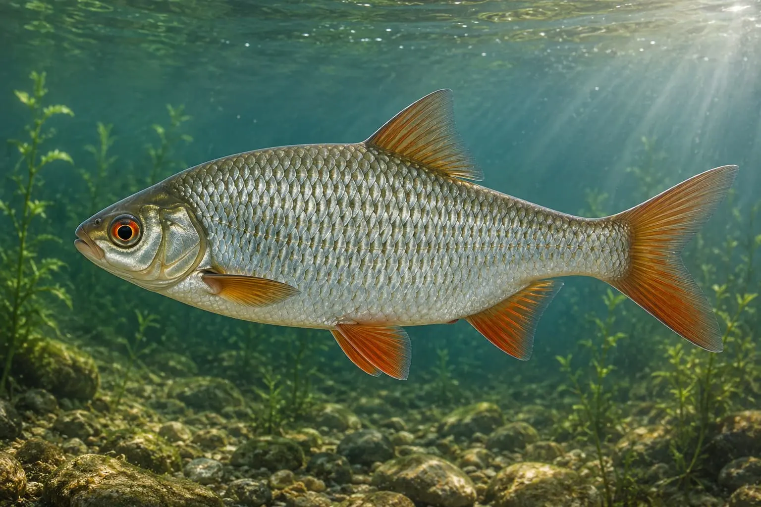 Gardon commun nageant dans une eau claire avec ses nageoires rouge orangé caractéristiques