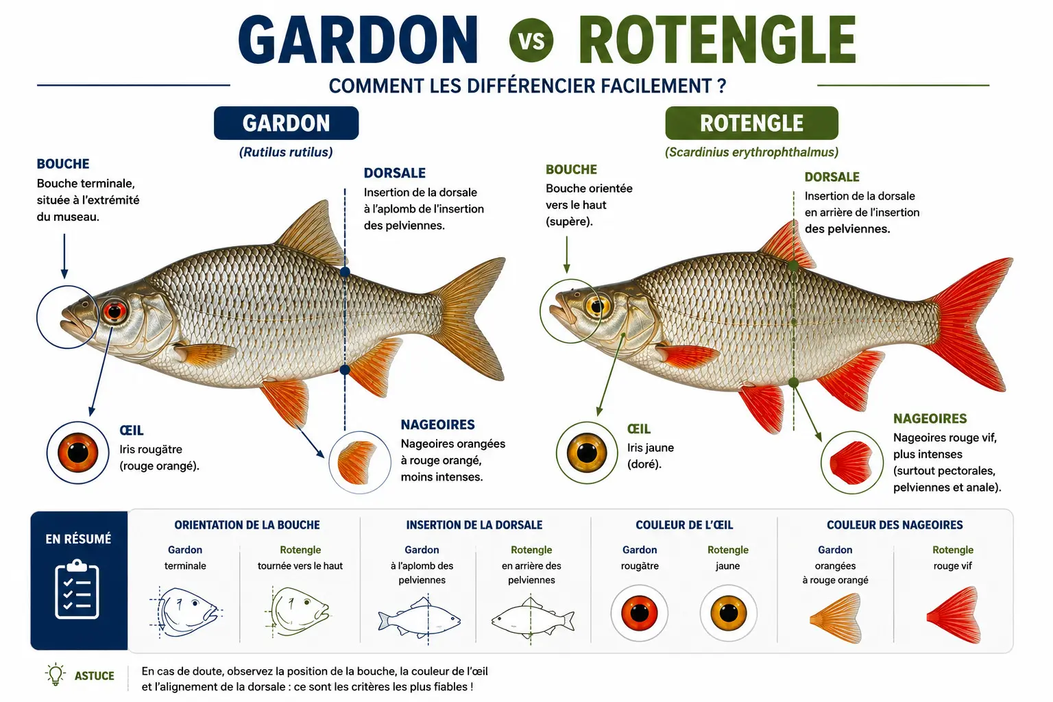Comparatif visuel entre un gardon et un rotengle avec les principaux critères d'identification