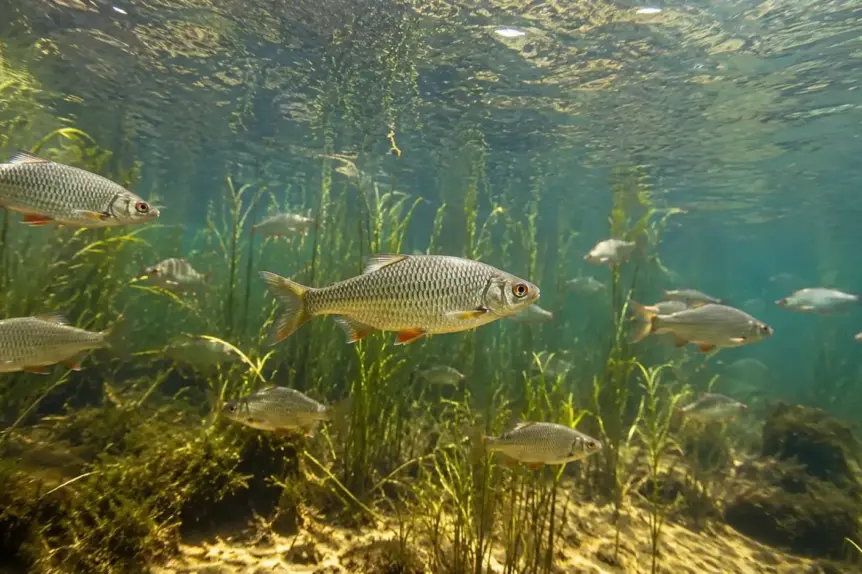 Banc de gardons nageant dans leur habitat naturel en eau douce