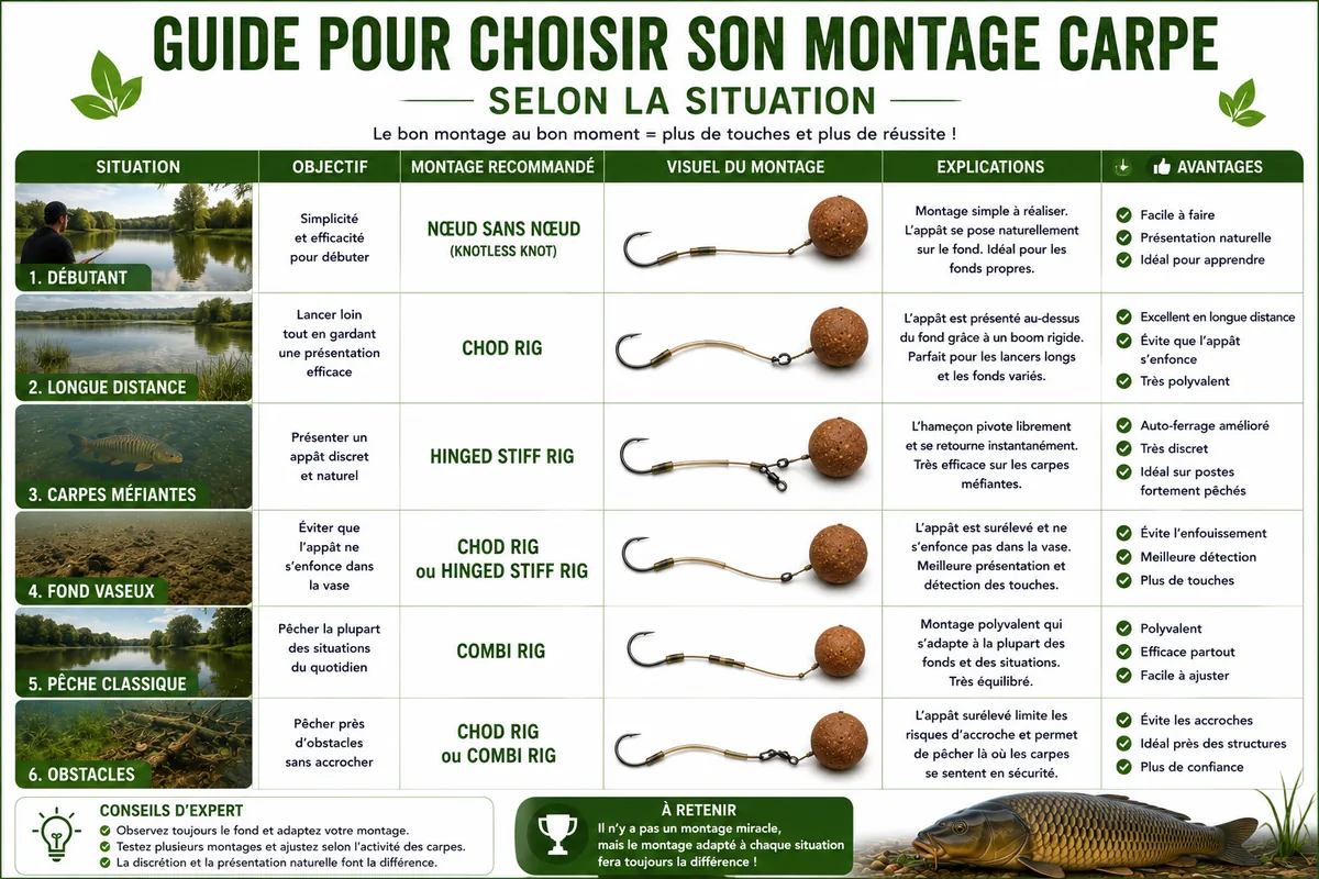 Infographie expliquant comment choisir le bon montage carpe selon chaque situation de pêche