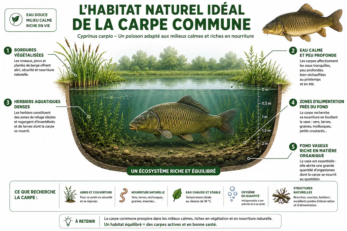 Habitat naturel idéal de la carpe commune dans un étang riche en végétation aquatique