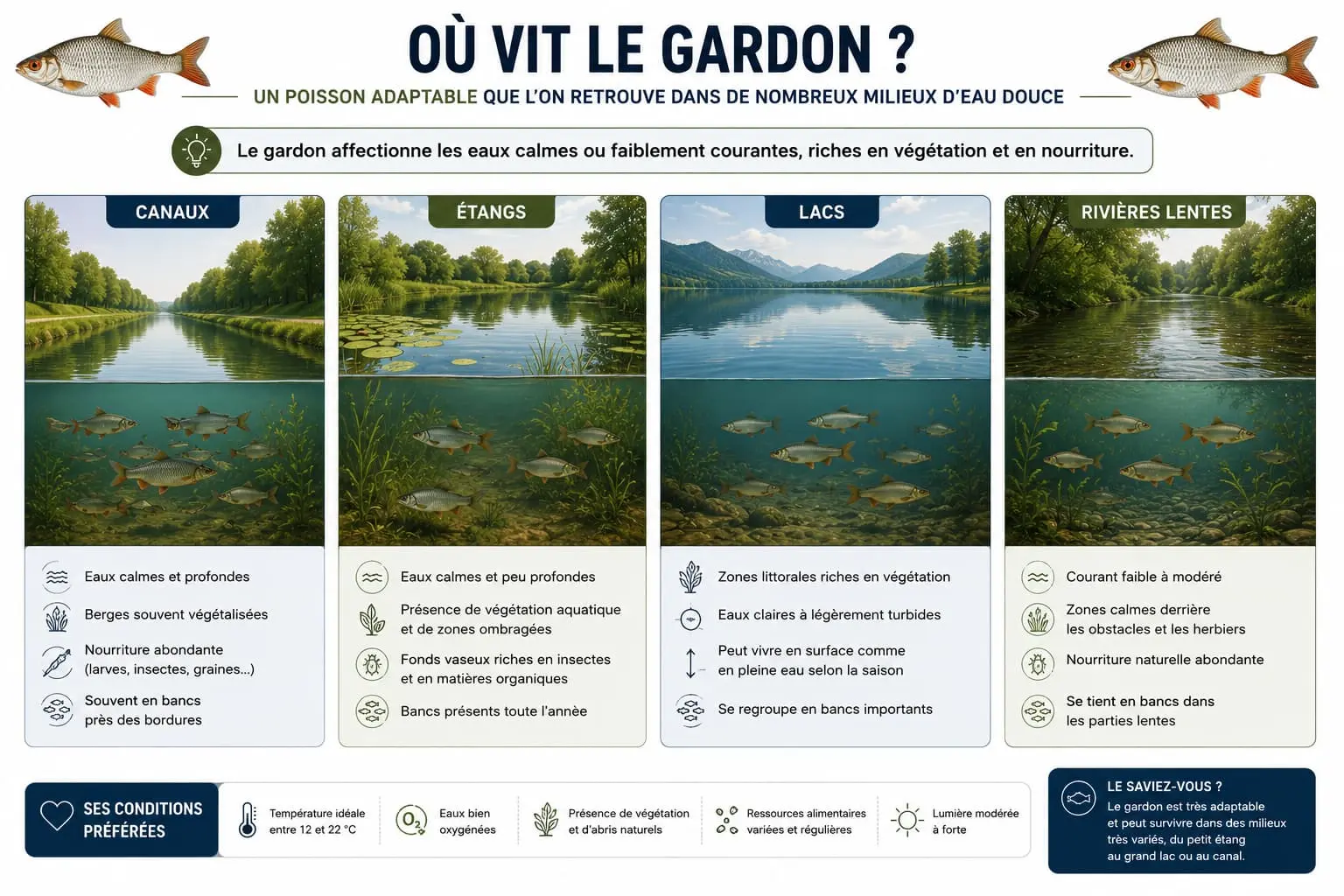 Illustration représentant les habitats favoris du gardon dans les canaux, étangs, lacs et rivières lentes