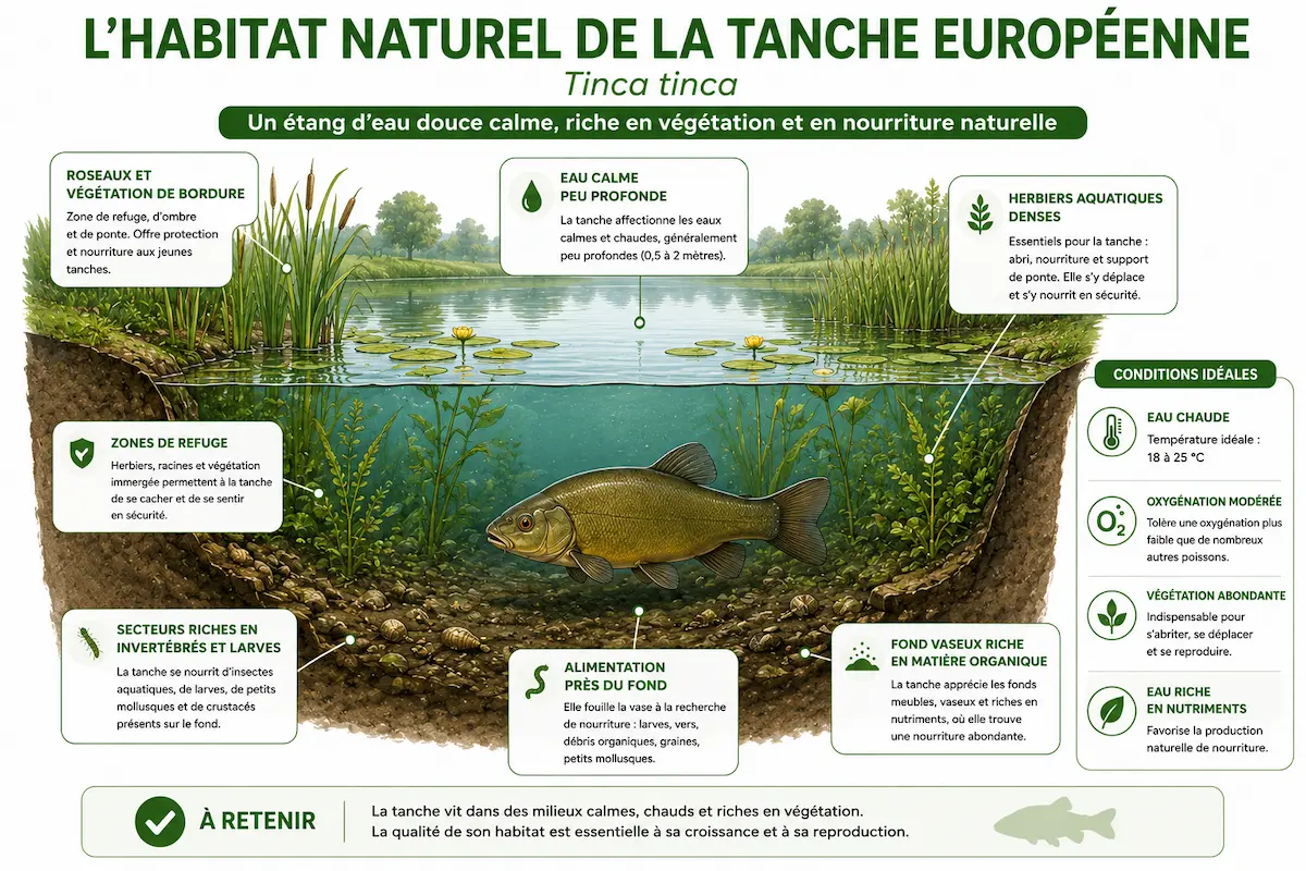 Habitat naturel de la tanche dans un étang riche en végétation et fond vaseux