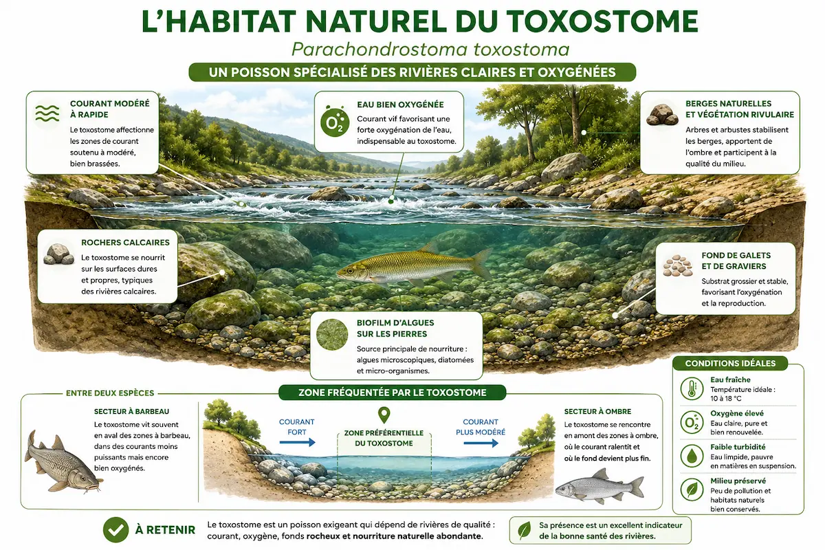 Habitat naturel du toxostome dans une rivière oxygénée à fond rocheux