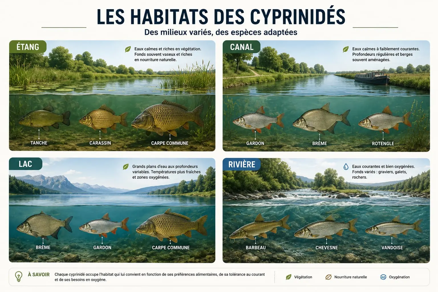 Illustration montrant les différents habitats fréquentés par les cyprinidés : étangs, canaux, lacs et rivières