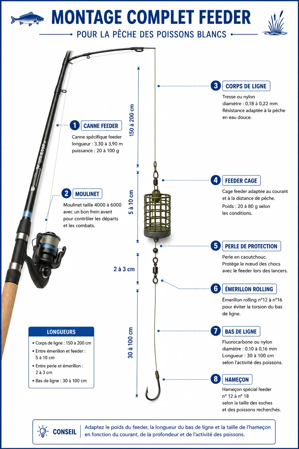 Schéma complet d’un montage de pêche au feeder avec tous les éléments techniques